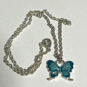 Blue Enamel Butterfly Pendant w/15.5" Silver Tone Chain Necklace